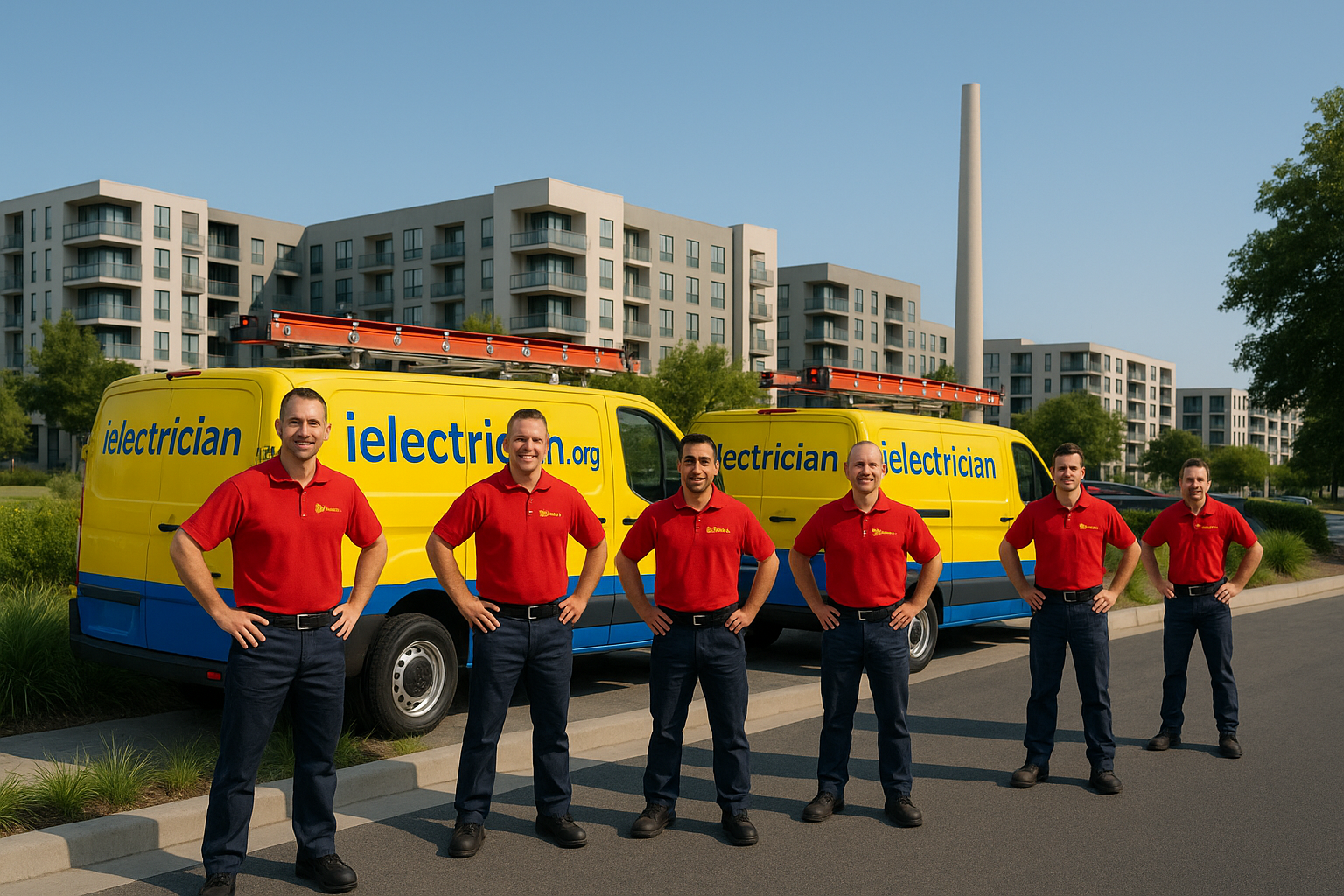 iElectrician team of licensed electricians standing in front of service vehicles
